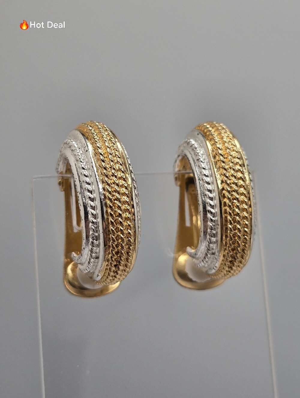 Vendome Two Tone Cable Twist Omega Clip Earrings 1 1/8'' Gold Silver Vintage